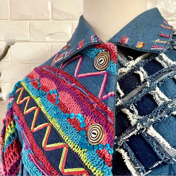 Vintage Sandy Starkman Crochet Sequin Patchwork Denim Jean Jacket - Picture 5 of 16